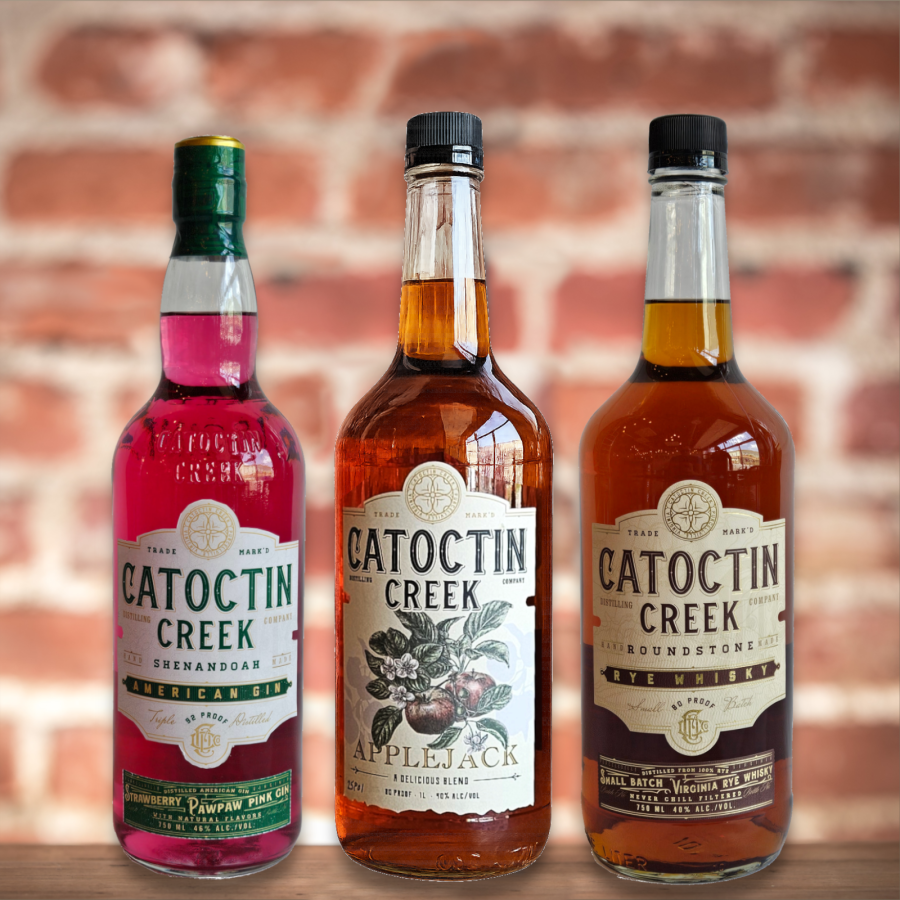 Catoctin Creek Shenandoah Gin, Applejack 1L, and Roundstone Rye 1L Bottles